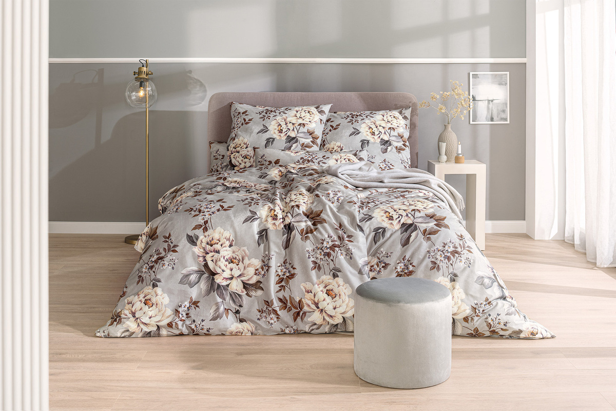 Estella Mako-Satin Bettwäsche Belinda Rosen Natur Platin mit floralem Muster, B/H: 155 x 220 cm und Kissenbezug 80 x 80 cm - Bild 1