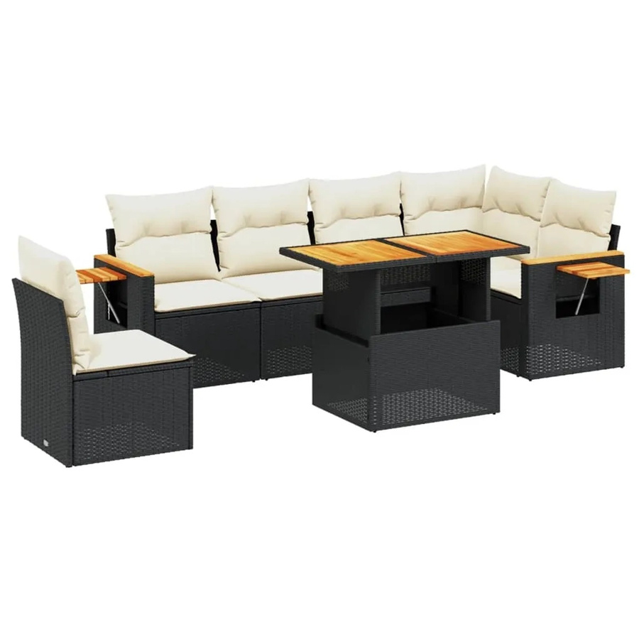 vidaXL 7-teilige Garten-Sofagarnitur aus Poly-Rattan und Akazienholz in Schwarz mit Kissen - Bild 2