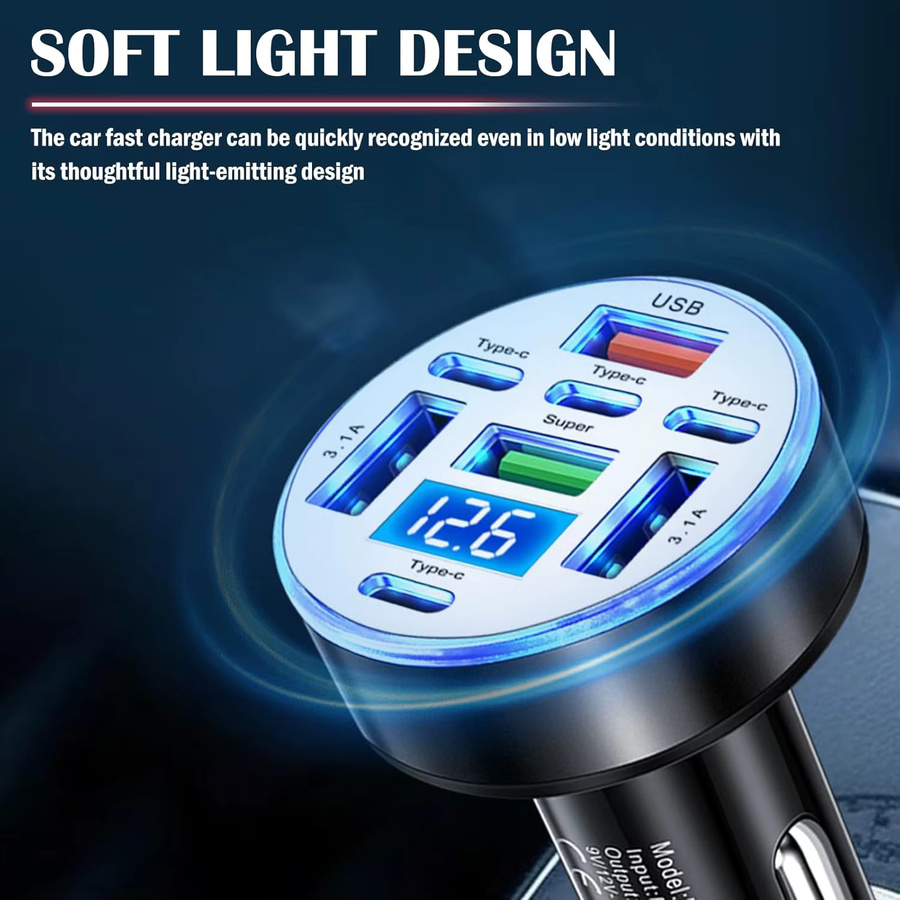 UYUXIO 8-in-1 USB-Autoladegerät in Schwarz mit Spannungsanzeige, 4 Typ-C-Anschlüsse und 4 USB-A-Anschlüsse, Multi-Port-Schnellladegerät mit Voltmeter - Bild 5