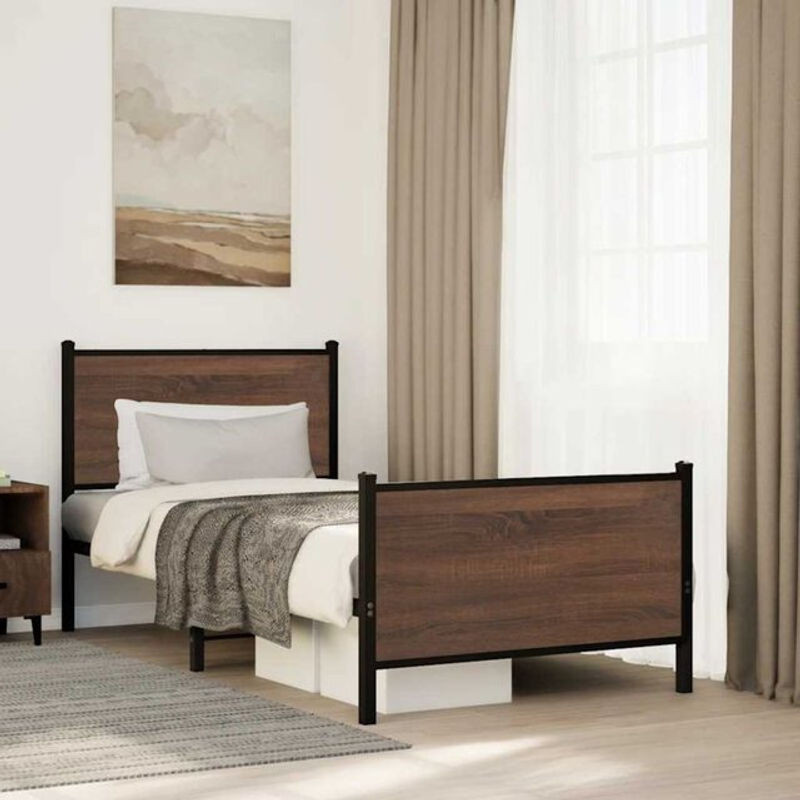 Metallbett Vidaxl in Braun mit Eichen-Optik im Industrial-Stil, B/T/H: 80 x 200 cm, ohne Matratze - Bild 1