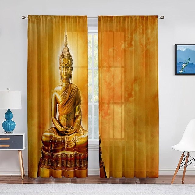 Transparenter Tüll-Vorhang mit Buddha-Motiv in Gold, 2er-Set für Wohnzimmer, Küche oder Schlafzimmer, Breite: 65 cm, Höhe: 60 cm - Bild 1