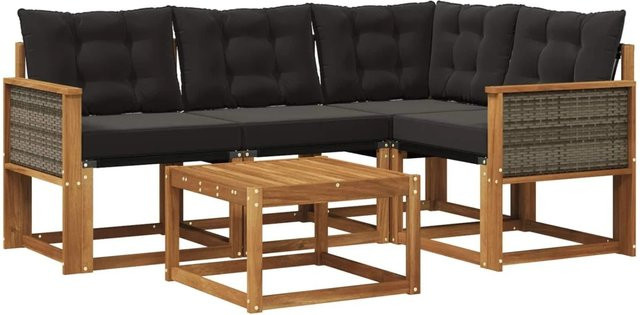 vidaXL Outdoor-Sofagarnitur L-Form aus Akazienholz mit Kissen und Couchtisch in Braun und Schwarz - Bild 1