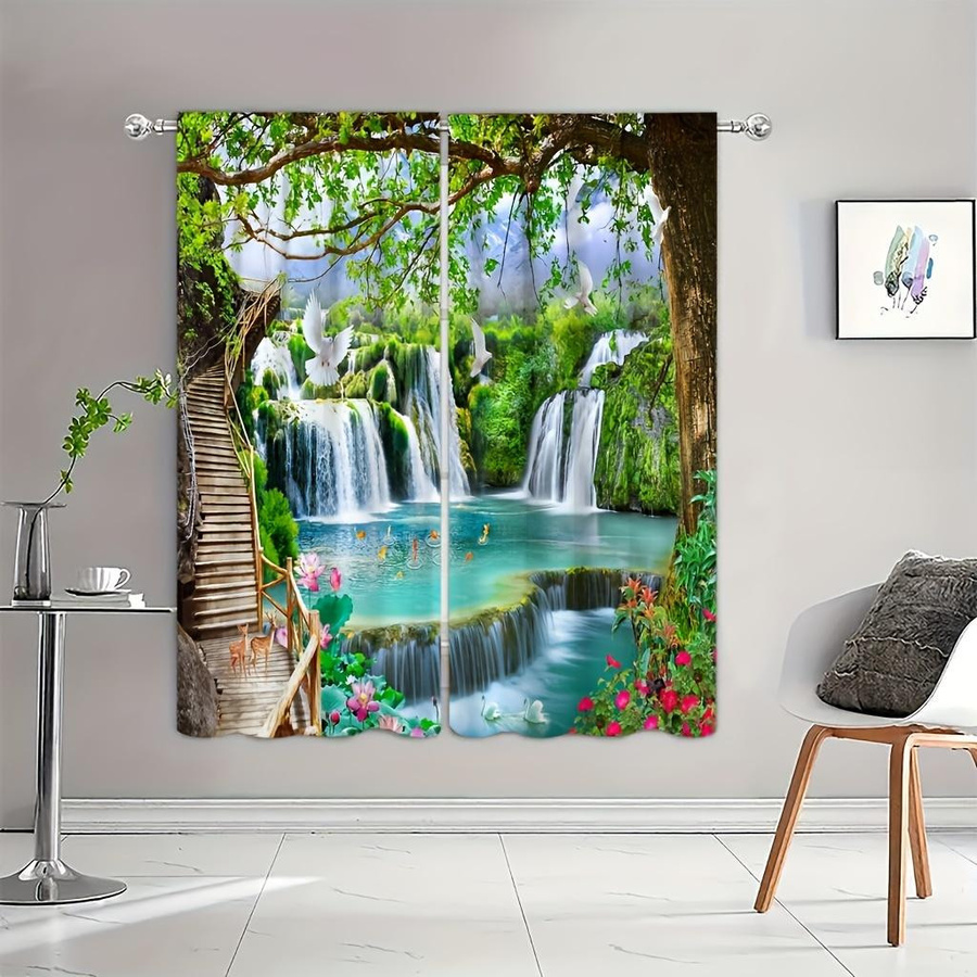 Yiran Furniture Dekorative Vorhänge Naturlandschaft 3D-Druck, 2er-Set Halbverdunkelungsvorhänge aus Polyester, Mehrfarbig, B: 50 cm, H: 140 cm - Bild 2