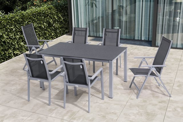 OUTFLEXX Garten-Essgruppe aus Alu, Spraystone und Textil in Silber/Anthrazit mit Tisch und 6 Stühlen, B: 160 cm, T: 95 cm, H: 74 cm - Bild 1