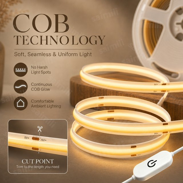 Dimmbarer 5V COB LED-Streifen in Weiß mit Touch-Steuerung und USB-Anschluss zur selbstklebenden DIY-Beleuchtung im Innenbereich - Bild 1