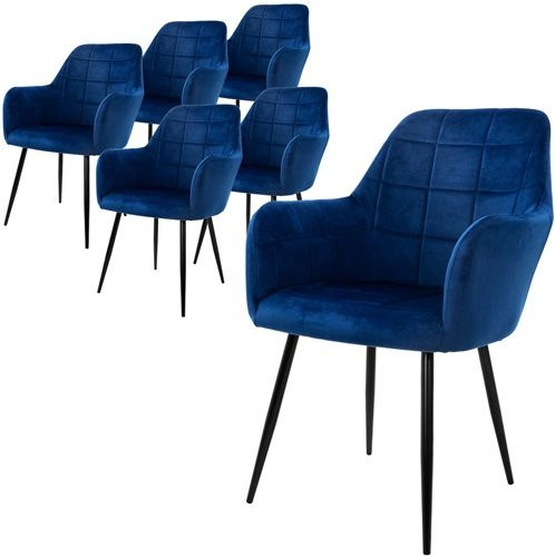 ML-Design 6er Set Esszimmerstühle mit Rückenlehne und Armlehnen in Dunkelblau mit Samtbezug und quadratischer Steppung - Bild 1