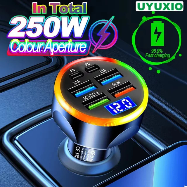 UYUXIO 6-in-1 USB-C Autotelefon-Ladegerät mit Spannungsanzeige und Multi-Port-Superschnellladeadapter für iPhone 16 15 Pro Max und Samsung - Bild 1