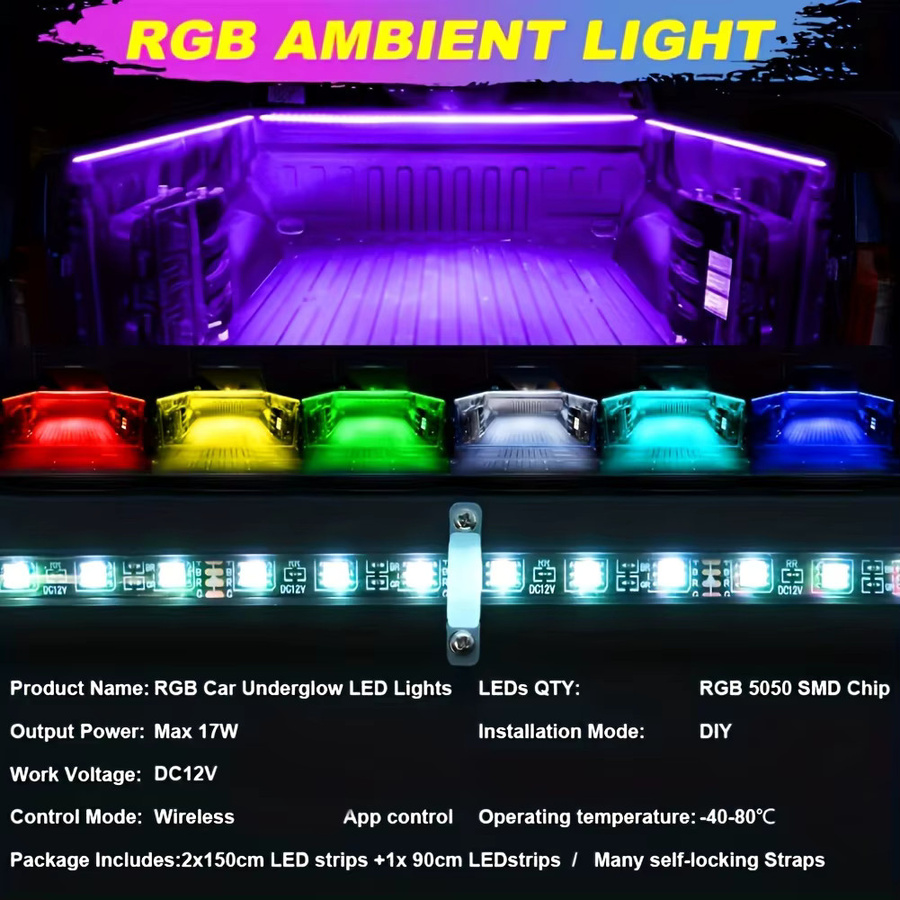 AnautosL RGB LED-Lichtleiste für LKW-Ladeflächen in Schwarz, 152,4 cm, Multicolour-Beleuchtung für Pickups, SUVs, Wohnmobile und Boote - Bild 2