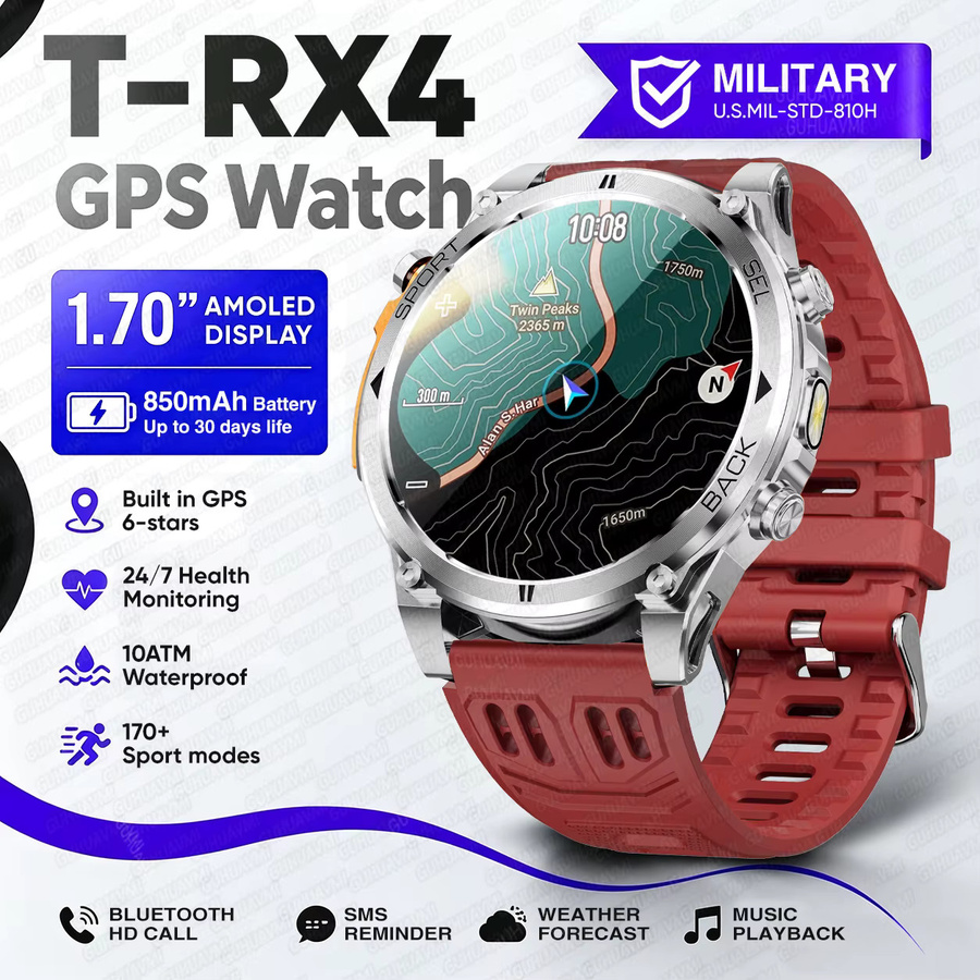 GUHUAVMI T-RX4 Ultra GPS Smartwatch für Herren mit 6-Sterne GPS-Positionierung, 10ATM Wasserdichtigkeit, 850mAh Akku und Kompass in Schwarz oder Rot - Bild 4