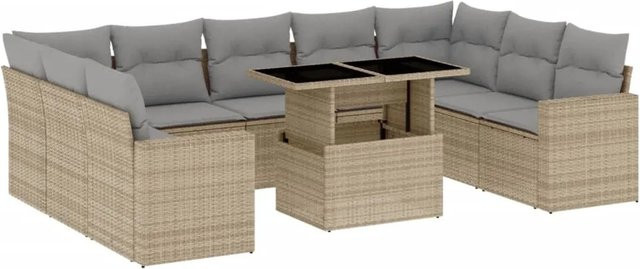 vidaXL 10-tlg. Garten-Sofagarnitur in L-Form aus beigem Poly-Rattan mit wetterfesten Kissen und pulverbeschichtetem Stahlgestell - Bild 1