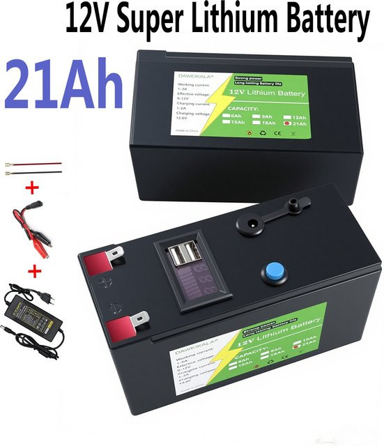 DAWEIKALA 12V 9Ah Lithium-Ionen-Akku mit 12,6V 3A Ladegerät für Solarenergie, elektrische Spielzeugfahrzeuge und LED-Leuchten, Schwarz - Bild 1