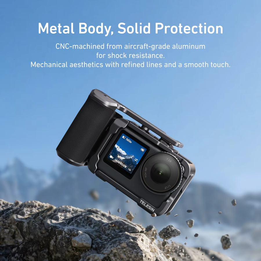 TELESIN Hand Grip Aid Fernbedienung Kit aus Aluminiumlegierung für DJI OSMO Action6 in Schwarz mit Kaninchen Käfig und Quick Release Schutzhülle - Bild 3