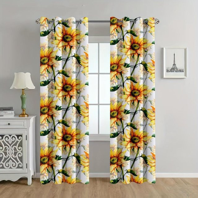 Yiran Furniture Vorhang mit Sonnenblumen-Print in Schwarz und Multicolour, 2er-Set, semi-transparent, Breite: 50 cm, Höhe: 130 cm - Bild 1