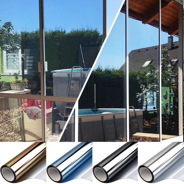 BUNPIG Solar-Fensterfolie zur Wärmeisolierung und Verdunkelung, selbstklebende Spiegelfolie aus Vinyl in Schwarz und Silber - Bild 1