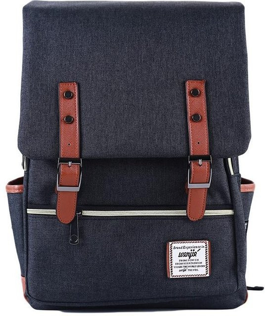 Weft Canvas Laptop Rucksack im Retro Preppy Stil mit USB-Ladefunktion in Blau - Bild 1