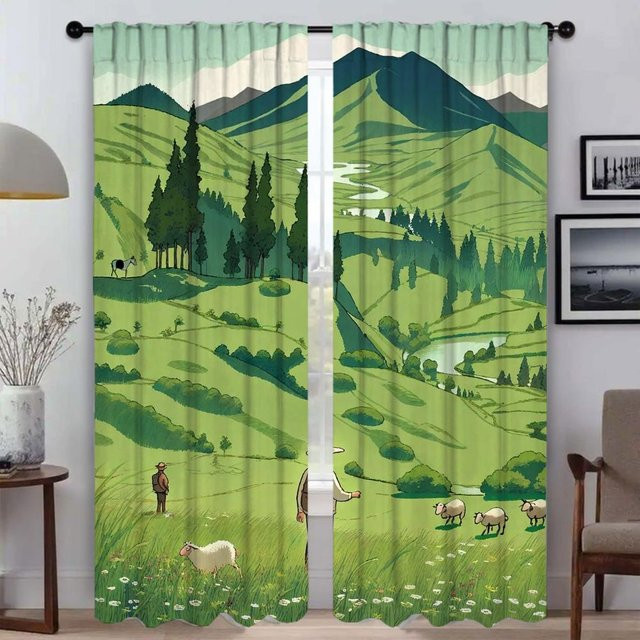 Elegante Verdunkelungsvorhänge mit Graslandschaft-Motiv in Grün, 2er-Set, Breite: 50 cm, Höhe: 70 cm - Bild 1
