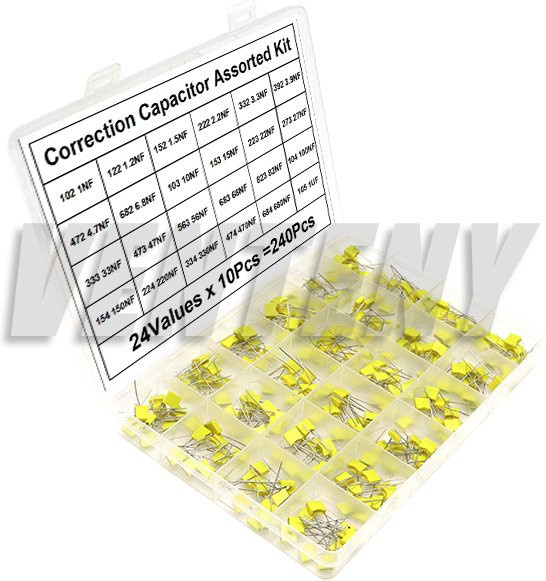 VENTENY Korrekturkondensator-Sortiment-Set in Gelb, 240 Stück mit 24 Werten, 100 V, 102 J bis 105 J - Bild 1