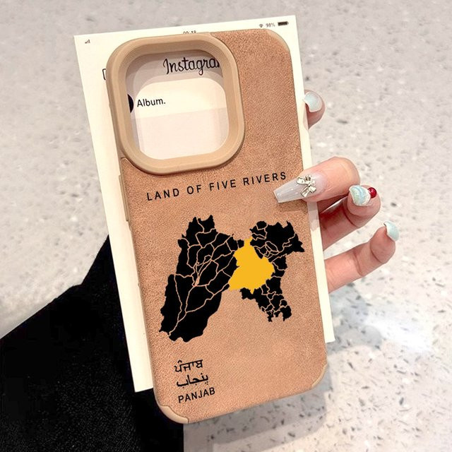 Handyhülle mit Punjab-Karte für Apple iPhone 16 15 14 13 12 11 Pro Max XR XS in Braun aus Kunstleder und Wildleder - Bild 1