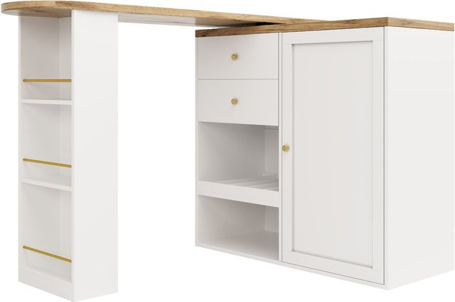 FC Bartisch mit 360 Grad drehbarer Tischplatte, 2 Schubladen und Schiebetürschrank in Weiß und Gold - Bild 1