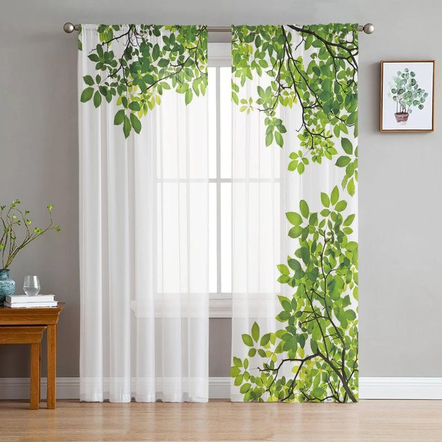 Transparente Chiffon-Vorhänge mit Waldgrünem Blattwerk und Rankenmuster, 2er-Set, Farbe: Grün/Weiß, B: 50 cm, H: 130 cm - Bild 1