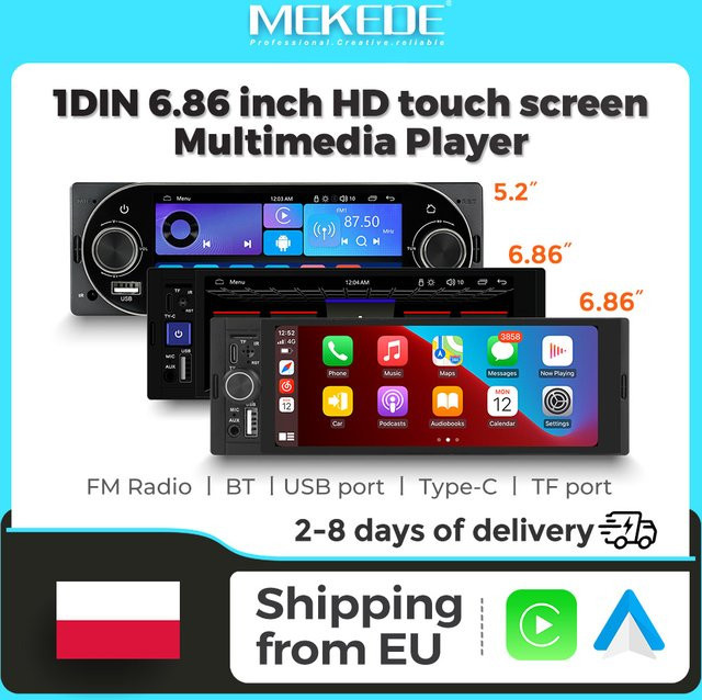 MEKEDE 1 Din MP5 Autoradio mit 5,2 Zoll und 6,86 Zoll Display, kabelloses CarPlay und Android Auto, Multimedia-Player mit Bluetooth, USB Typ-C, Aux-Eingang und FM-Stereo in Schwarz - Bild 1