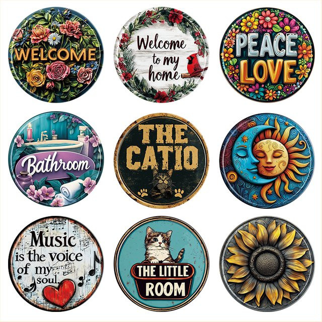 OANKR Vintage Metallschilder-Set Rund mit floralem Design und Typografie in Multicolour - Bild 1