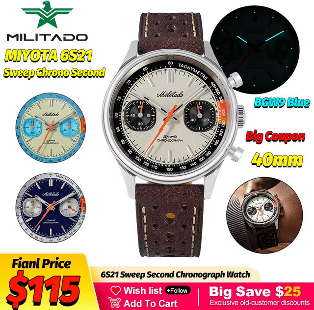 Militado Chronograph, Quarz, Edelstahl, Saphirglas, 40 mm, Leder, Unisex - Bild 1