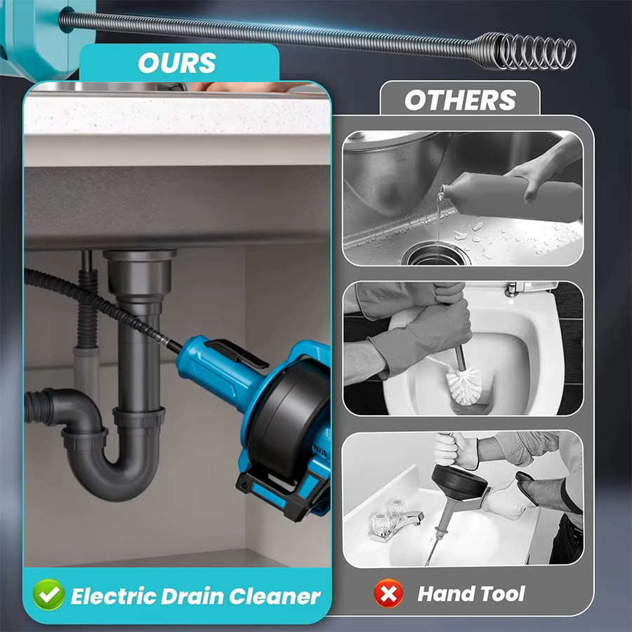 Podofo Kabelloser elektrischer Abflussreiniger in Blau mit 7 m flexiblem Kabel zur Verstopfungsentfernung für Küchenspülen, Toiletten und Badewannen - Bild 4