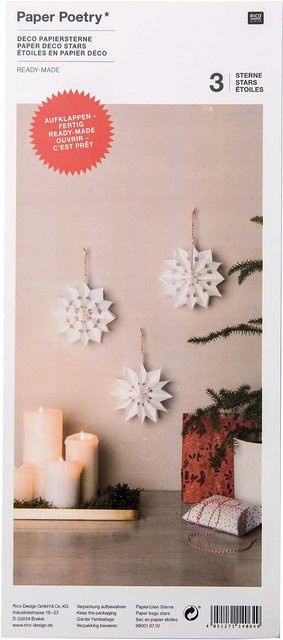 Rico Design Weihnachtliche Papiertüten-Sterne in Weiß als Christbaumschmuck mit Band - Bild 1