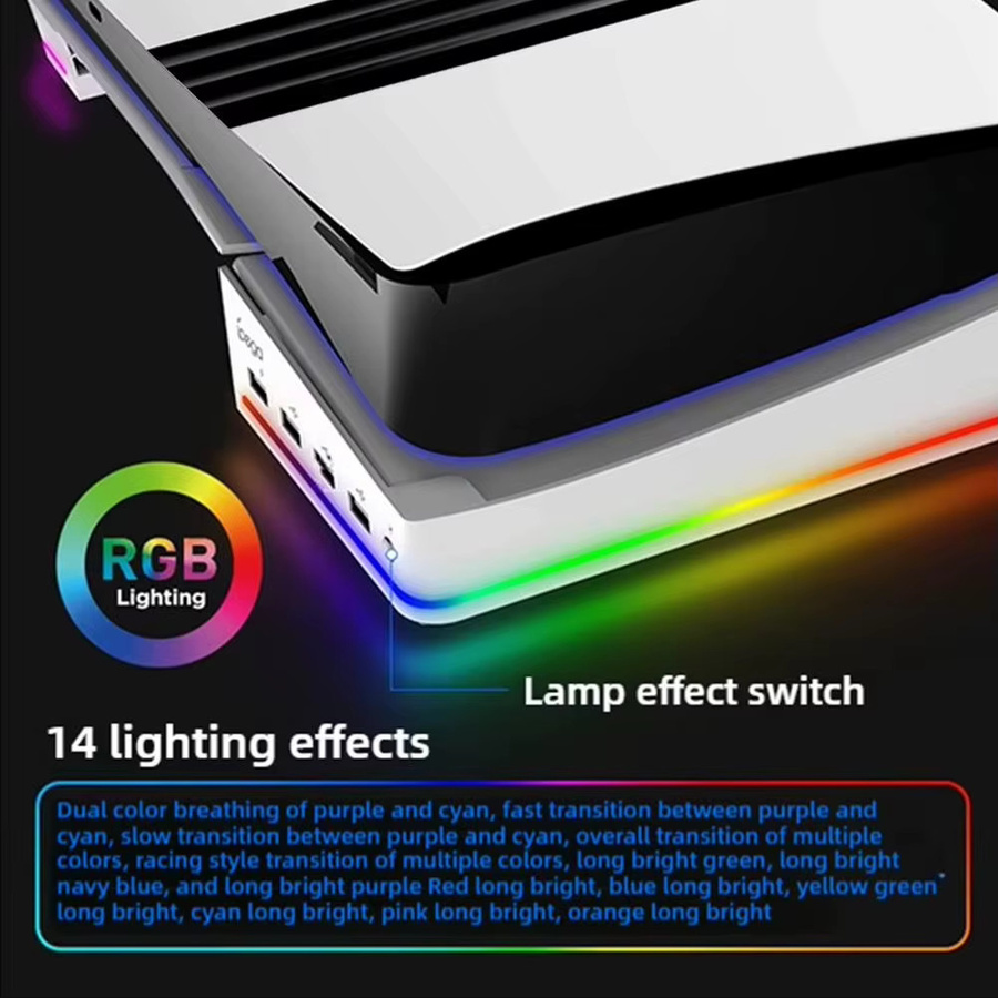 GEVBAY Horizontaler Aufbewahrungsständer für PS5 Pro mit digitalem und optischem Laufwerk, 14 Lichtmodi und 4 USB-Hubs, Weiß - Bild 5