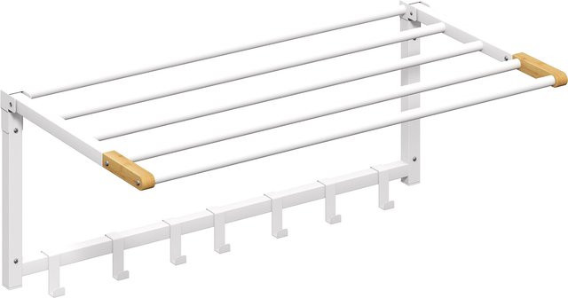 HOMCOM Wand-Handtuchhalter aus Bambus und Stahl mit 5 Stangen und 6 Haken, klappbar, Weiß, B/T/H: 60 x 32,5 x 20 cm - Bild 1