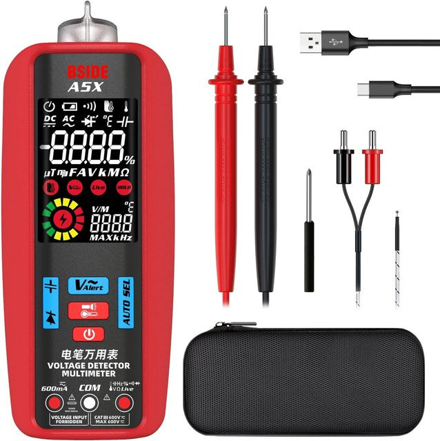 Bside Professionelles Digitales Multimeter Intelligent mit Automatikfunktion, Ampere Meter, VFC, Strom, Hz, Kondensator und Ohm Tester in Rot - Bild 1