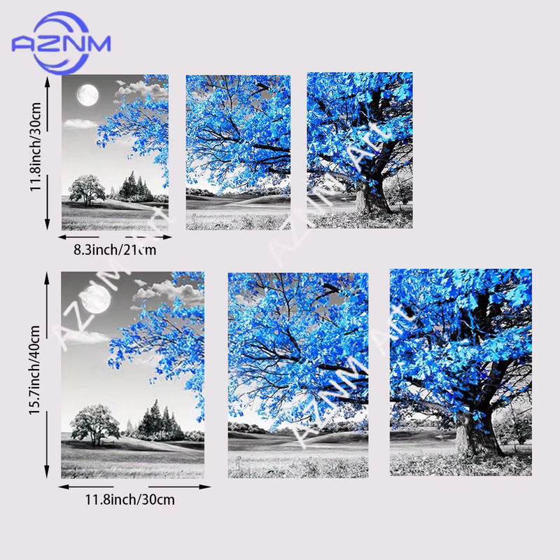 3-teiliges Leinwandposter AZNM mit blauem Baum in grauer Landschaft, skandinavische Wandkunst im Hochformat, rahmenlos - Bild 3