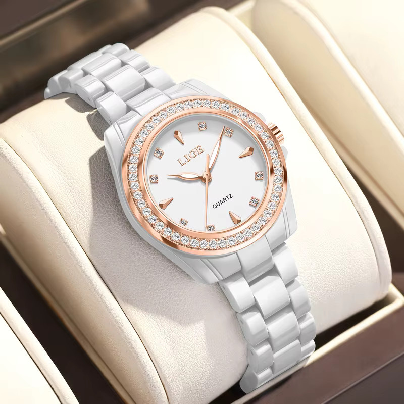 LIGE Armbanduhr, Keramik, Weiß, Diamant, Quarz, Damen - Bild 2