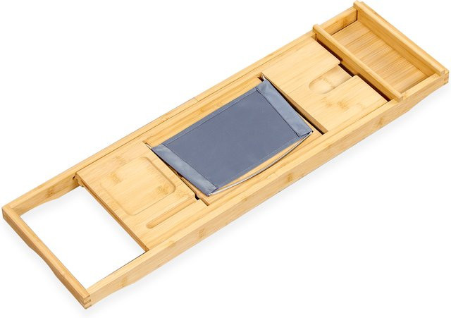 FLOORDIREKT Bambus Badewannenablage Oklahoma in Braun – Ausziehbares und flexibles Badebrett mit integriertem Buchhalter und Tabletablage - Bild 1
