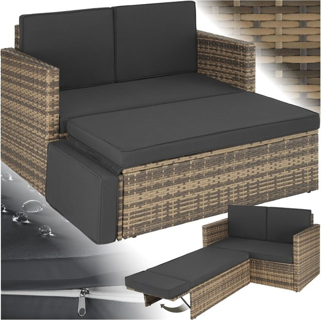 tectake Rattan Lounge 2-Sitzer mit Hocker und Polsterung, UV-beständig, Natur - Bild 1