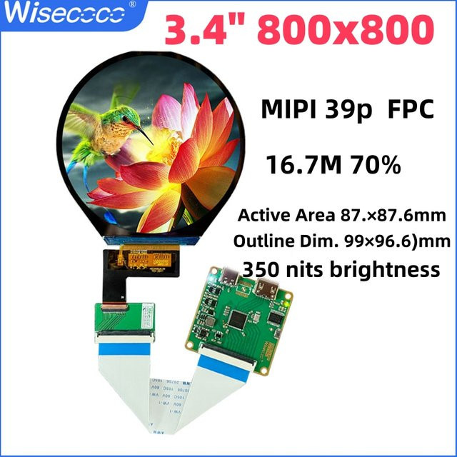 Wisecoco Rundes 3,4 Zoll LCD IPS Display Modul mit 800x800 MIPI Stick Board für Smart Home Instrumente und Multimedia - Bild 1