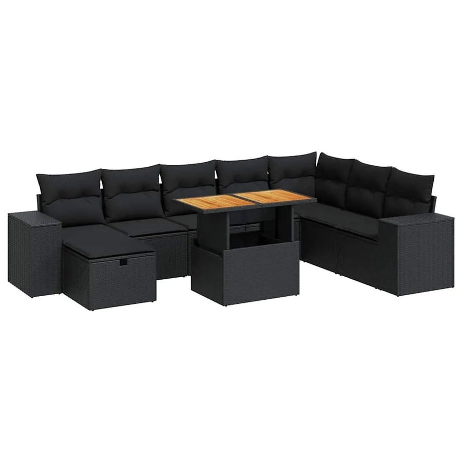 vidaXL 9-teilige Garten-Sofagarnitur aus Poly-Rattan und Akazienholz in Schwarz mit Kissen - Bild 2