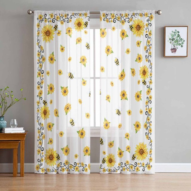 Super Six Transparentes Tüll-Fensterdekoration mit Sommer Aquarell Sonnenblume und Bienenfarm Design, Farbe: Weiß, Breite: 135 cm, Höhe: 114 cm - Bild 1