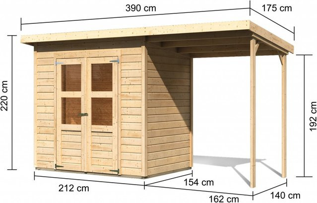 Gartenhaus Merseburg aus Holz mit Anbaudach in Beige, B/H/T: 390 x 219 x 154 cm - Bild 3