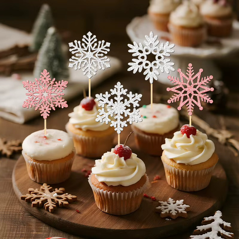 YOMDID 25 Stück glitzernde Schneeflocken-Kuchendekoration in Pink und Silber als Weihnachts-Cupcake-Topper und Schneeflocken-Picks - Bild 2