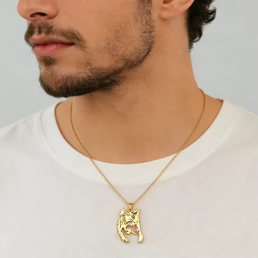Cazador Wolfskopf-Halskette, Edelstahl, Gold, Unisex, Punk - Bild 1