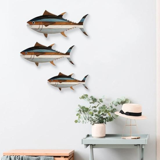 3er-Set Holzfisch Wandkunst im nautischen Design, Mehrfarbige maritime Wanddekoration im Vintage-Stil für dein Badezimmer oder Schlafzimmer - Bild 3