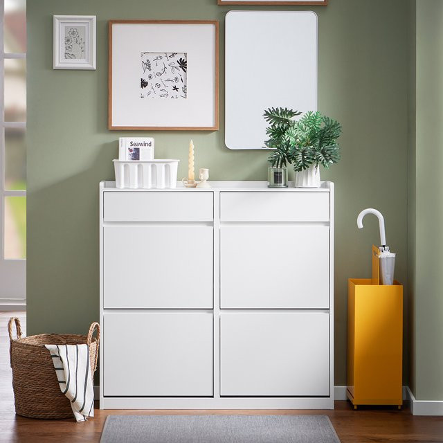 SoBuy Schuhschrank FSR169-W mit 4 Klappen in Weiß, schmaler Schuhkipper mit Regalfächern, B/H/T: 98 x 95 x 19 cm - Bild 1