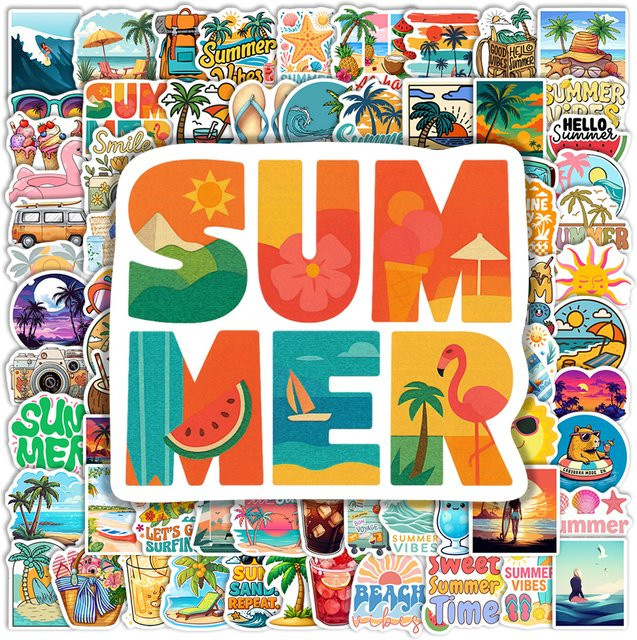 Wasserdichte Vinyl Aufkleber mit Cartoon Sommer Motiven in Multicolour für Laptop, Handy und Flaschen - Bild 1