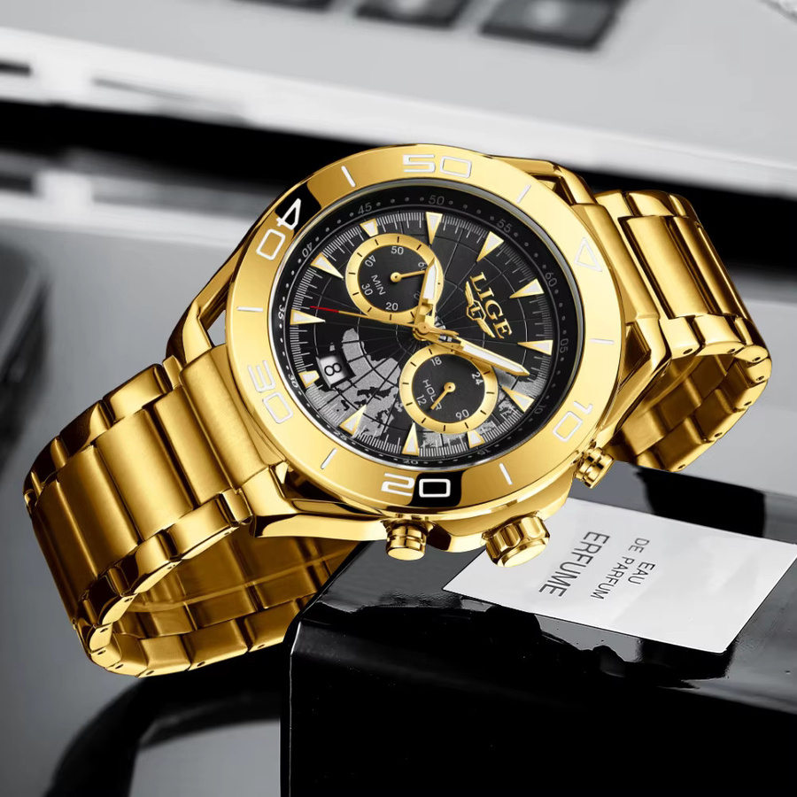 LIGE Armbanduhr Edelstahl, Quarz, Gold, Herren, Wochentagsanzeige - Bild 3