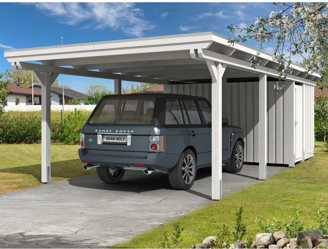 Skan Holz Einzelcarport Emsland aus Leimholz mit Abstellraum, Farbe: Weiß, B/T: 404 x 846 cm, Firsthöhe: 242 cm - Bild 1