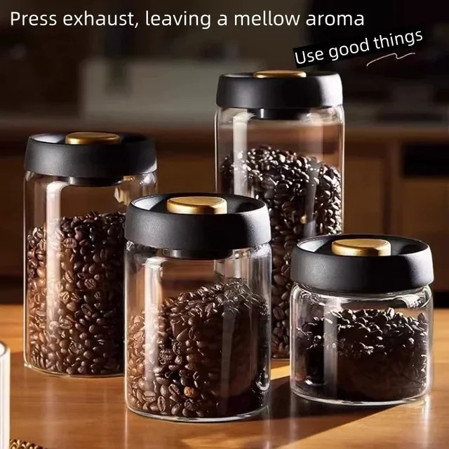 Ouhoe Vakuum-Kaffeedose aus Borosilikatglas, transparent/schwarz, feuchtigkeitsbeständige Vorratsdose für Kaffeebohnen und Tee - Bild 1