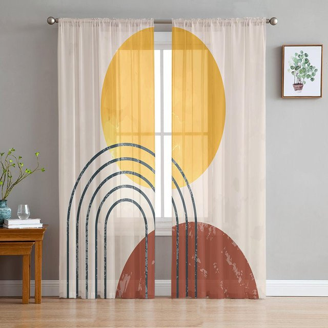 Super Six Transparente Tüll-Vorhänge mit abstraktem Sonnen-Linien-Design in Weiß, B: 135 cm, H: 114 cm - Bild 1