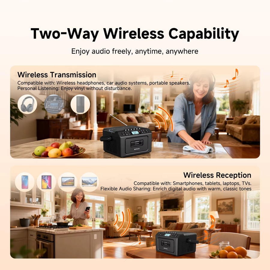 RETEKESS TR642 Multifunktionale Bluetooth Boombox in Schwarz mit CD-Player, Kassettenrekorder, USB, TF, AUX sowie AM/FM Radio - Bild 2